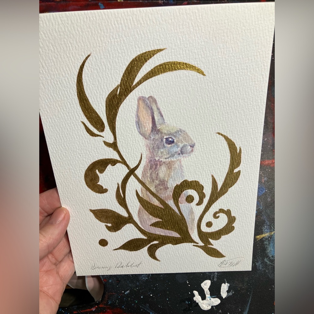 Rabbit Original Watercolor painting Art Bunny Gold accents Floral Artettina USA - Picture 4 of 8